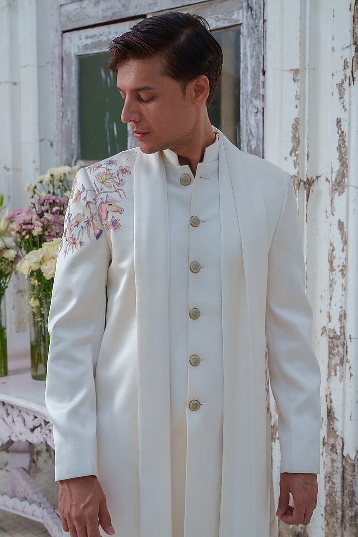Ivory Modal Silk Hand Painted Cape Kurta Set by Amrit Dawani at Pernia's Pop Up Shop