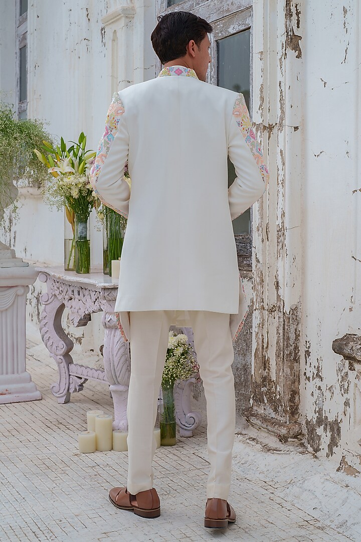 Multi-Colored Double Georgette Embroidered Groom Indowestern Set by Amrit Dawani at Pernia's Pop Up Shop