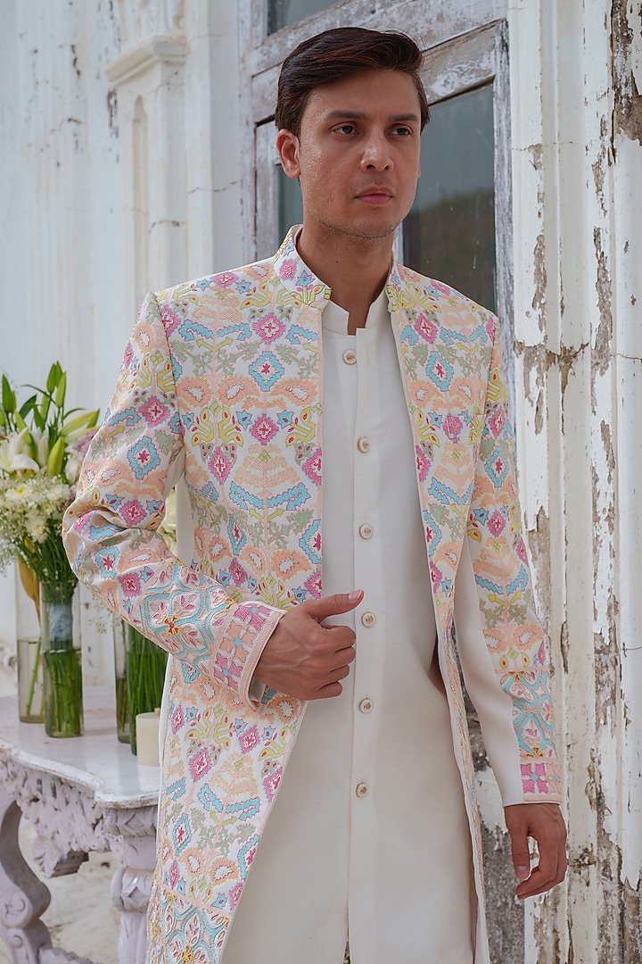 Multi-Colored Double Georgette Embroidered Groom Indowestern Set by Amrit Dawani at Pernia's Pop Up Shop