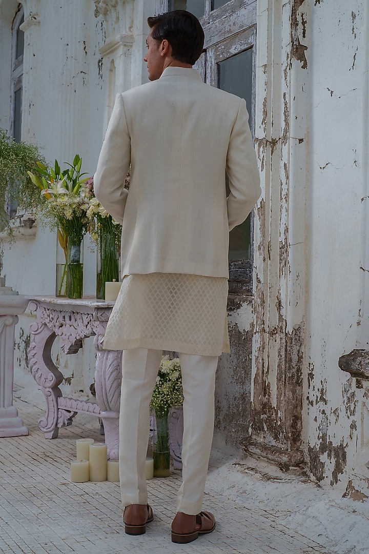 Ivory Silk Embroidered Wedding Bandhgala Set by Amrit Dawani at Pernia's Pop Up Shop