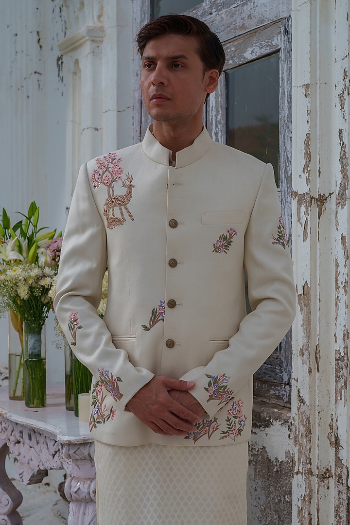 Ivory Silk Embroidered Wedding Bandhgala Set by Amrit Dawani at Pernia's Pop Up Shop
