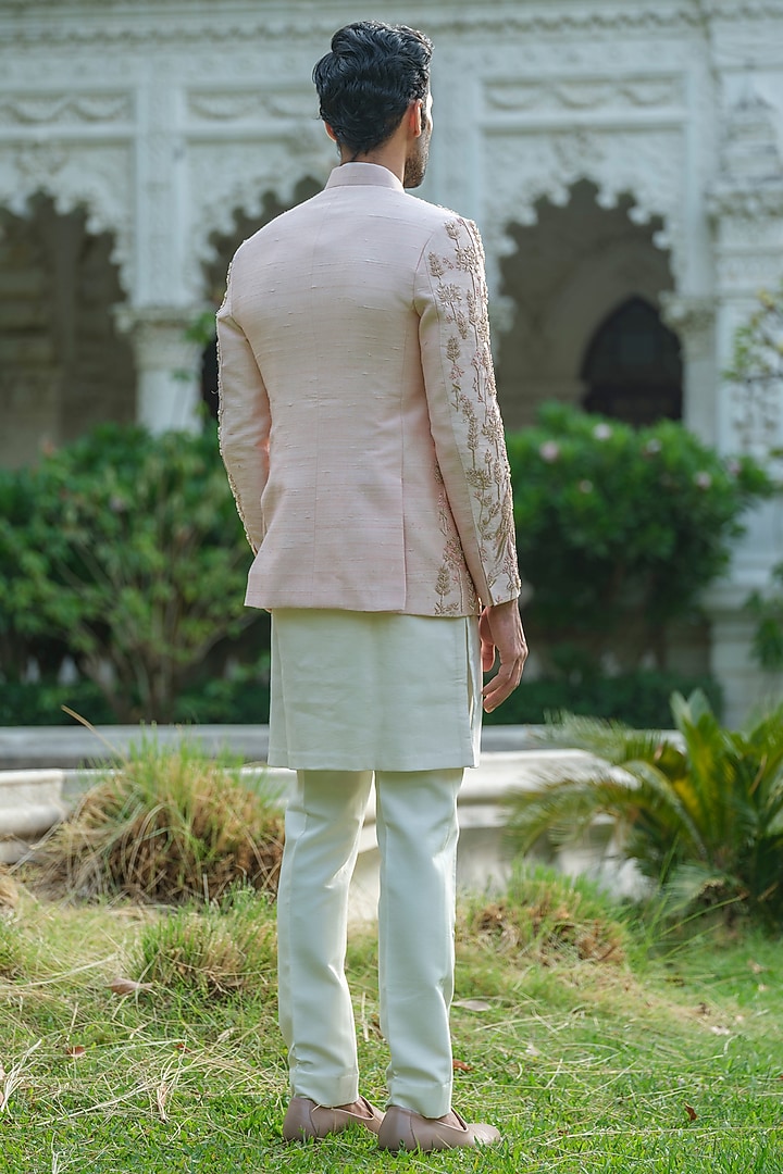 Rose Gold Raw Silk Embroidered Groom Bandhgala Set by Amrit Dawani at Pernia's Pop Up Shop
