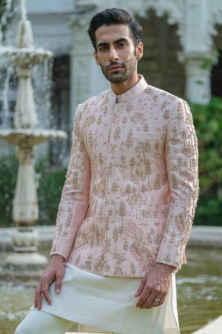 Rose Gold Raw Silk Embroidered Groom Bandhgala Set by Amrit Dawani at Pernia's Pop Up Shop