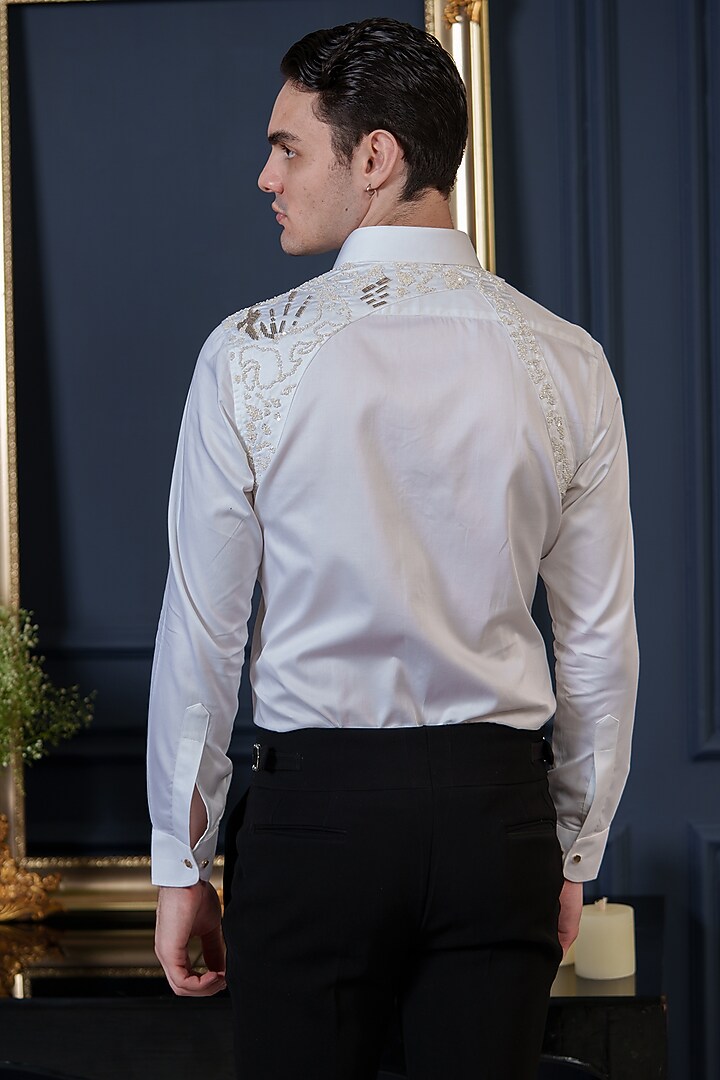 White Cotton Hand Embroidered Party Wear Shirt by Amrit Dawani at Pernia's Pop Up Shop