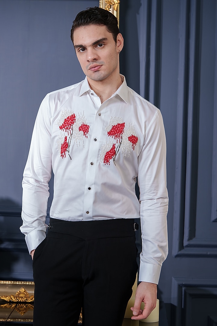 White Cotton Floral Hand Embroidered Shirt by Amrit Dawani