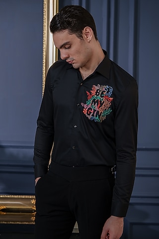 Black Cotton Abstract Embroidered Shirt by Amrit Dawani