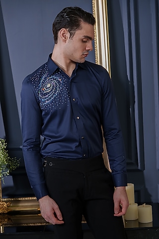Navy Blue Cotton Hand Embroidered Shirt by Amrit Dawani