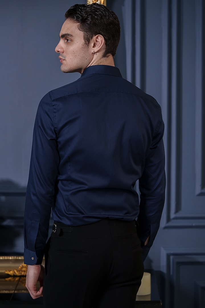 Navy Blue Cotton Hand Embroidered Party Wear Shirt by Amrit Dawani at Pernia's Pop Up Shop