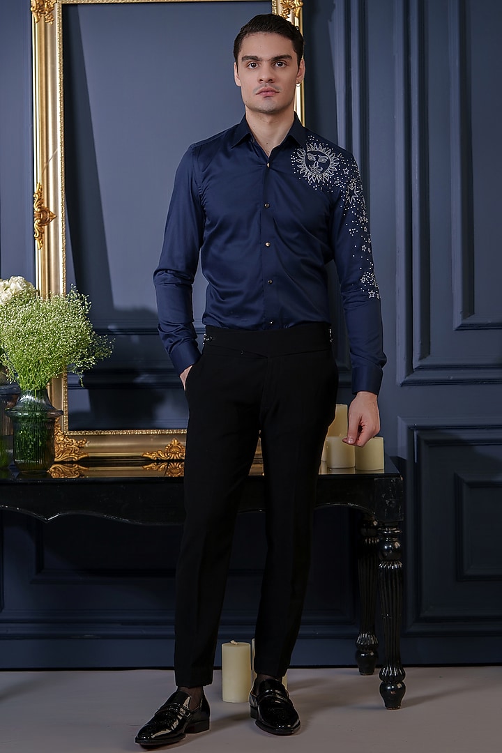 Navy Blue Cotton Hand Embroidered Party Wear Shirt by Amrit Dawani at Pernia's Pop Up Shop