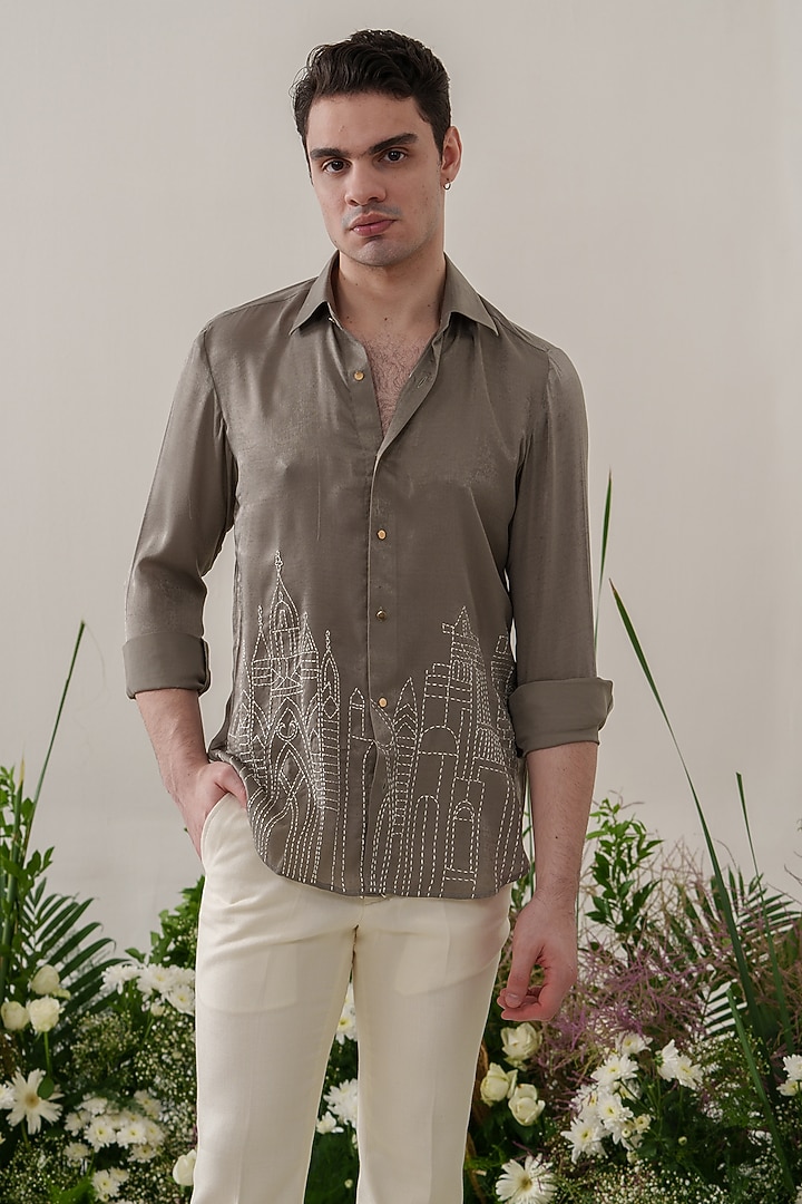 Green Satin Velvet Embroidered Party Wear Shirt by Amrit Dawani at Pernia's Pop Up Shop