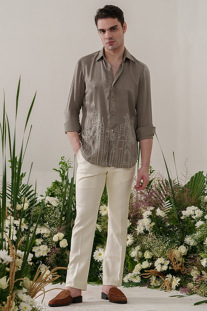 Green Satin Velvet Embroidered Party Wear Shirt by Amrit Dawani at Pernia's Pop Up Shop
