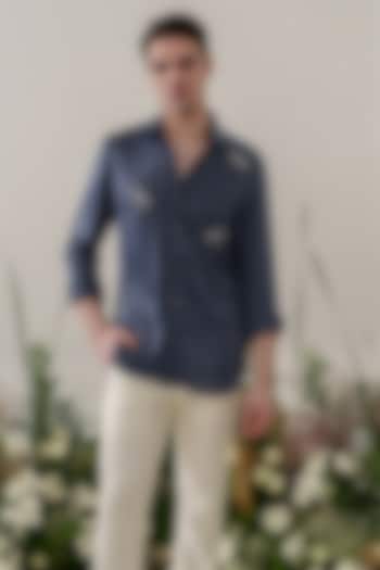 Blue Satin Velvet Embroidered Party Wear Shirt by Amrit Dawani at Pernia's Pop Up Shop