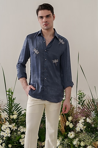 Blue Satin Velvet Embroidered Shirt by Amrit Dawani