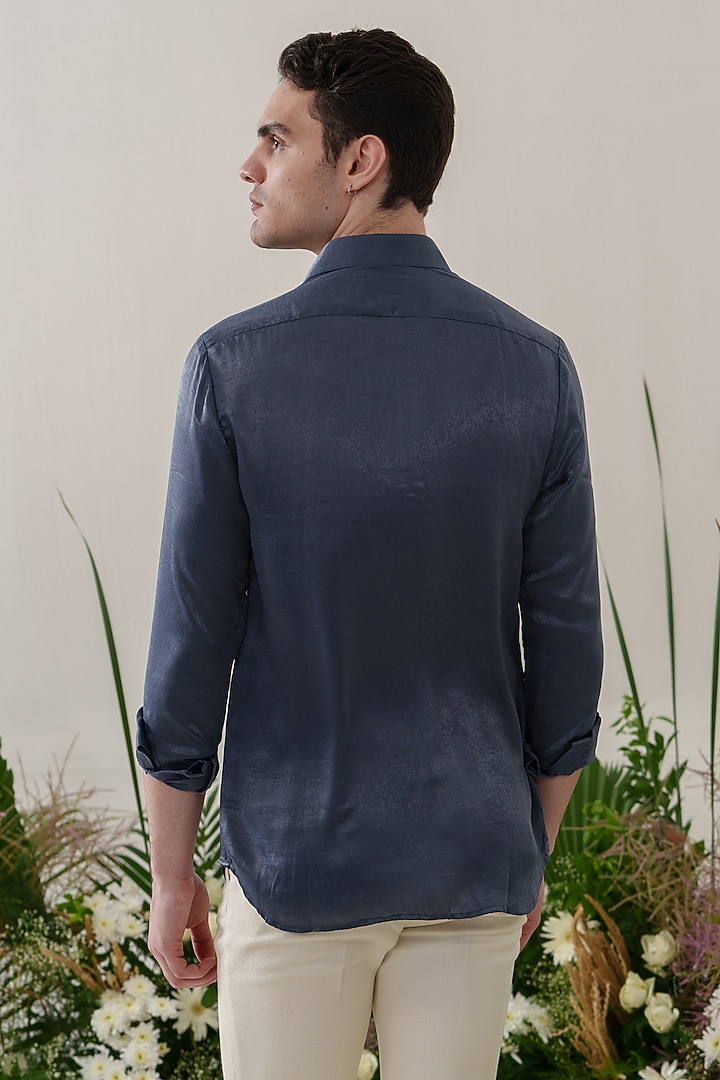 Blue Satin Velvet Embroidered Party Wear Shirt by Amrit Dawani at Pernia's Pop Up Shop