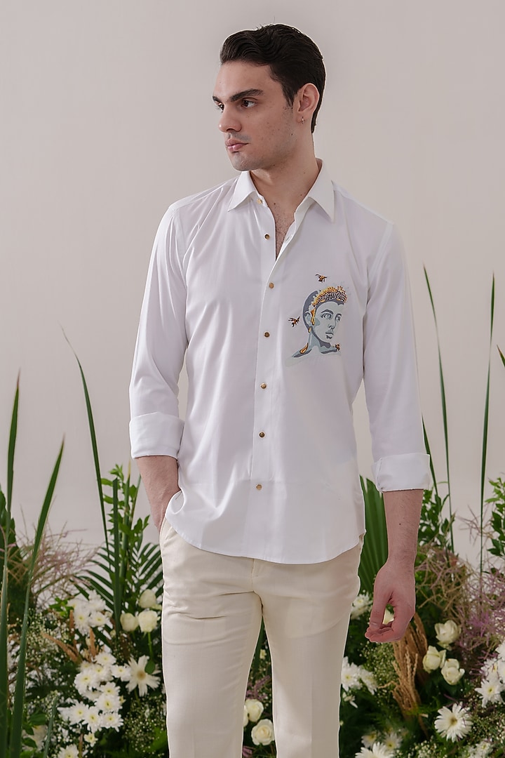 White Cotton Embroidered Party Wear Shirt by Amrit Dawani at Pernia's Pop Up Shop