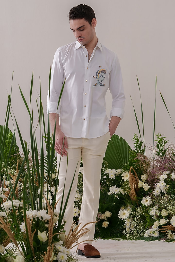 White Cotton Embroidered Party Wear Shirt by Amrit Dawani at Pernia's Pop Up Shop
