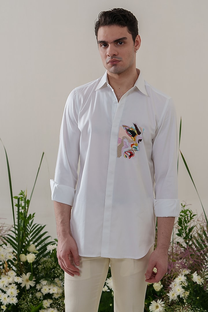 White Cotton Embroidered Party Wear Shirt by Amrit Dawani at Pernia's Pop Up Shop