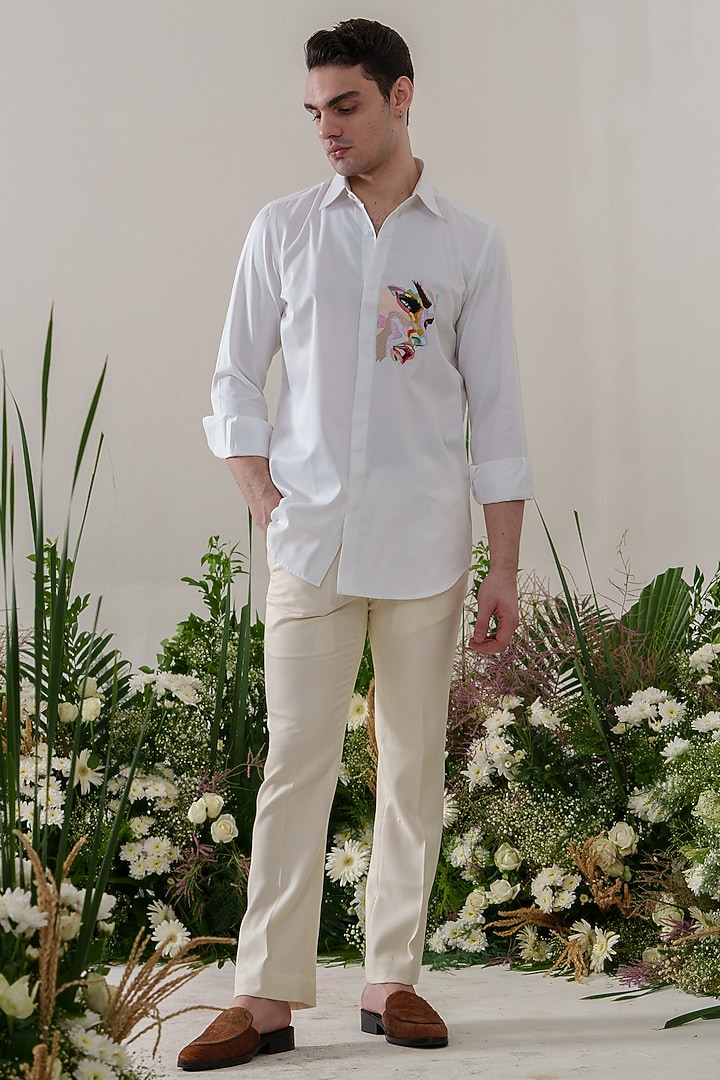 White Cotton Embroidered Party Wear Shirt by Amrit Dawani at Pernia's Pop Up Shop