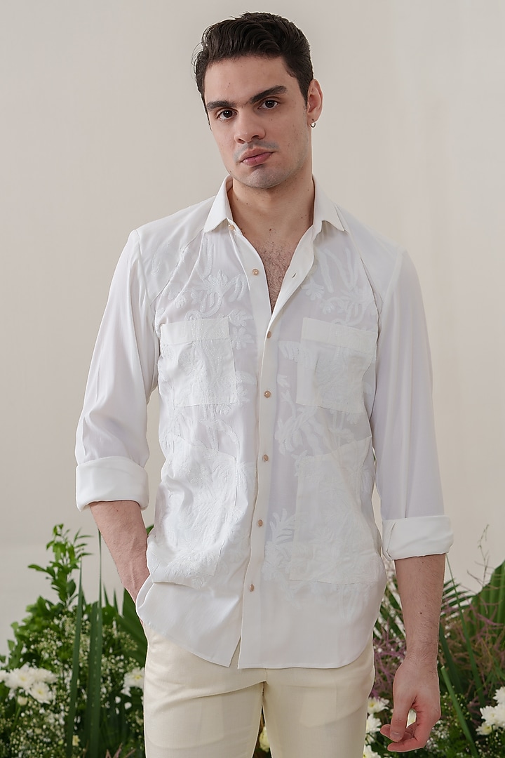White Cotton Blended Abstract Machine Embroidered Party Wear Shirt by Amrit Dawani at Pernia's Pop Up Shop