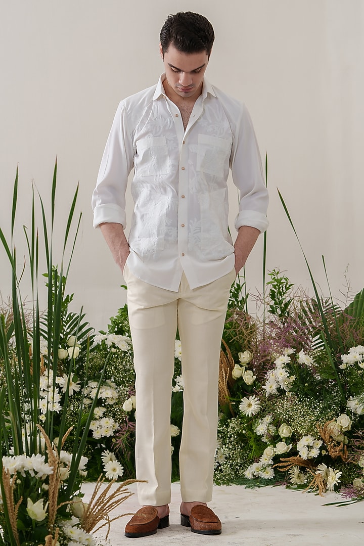 White Cotton Blended Abstract Machine Embroidered Party Wear Shirt by Amrit Dawani at Pernia's Pop Up Shop