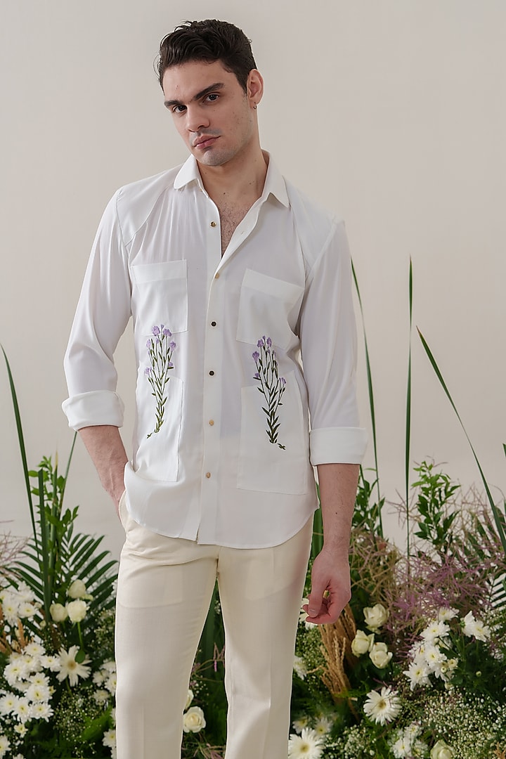 White Cotton Blended Floral Embroidered Shirt by Amrit Dawani