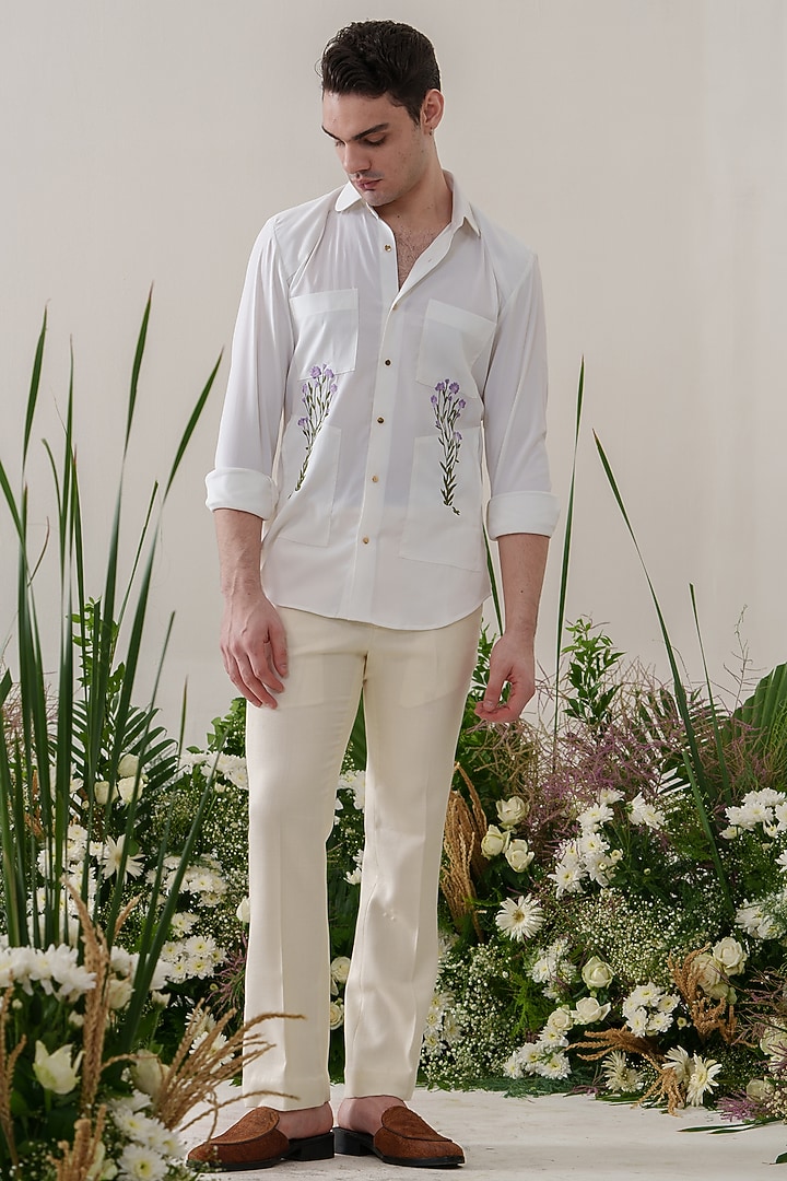 White Cotton Blended Floral Embroidered Party Wear Shirt by Amrit Dawani at Pernia's Pop Up Shop
