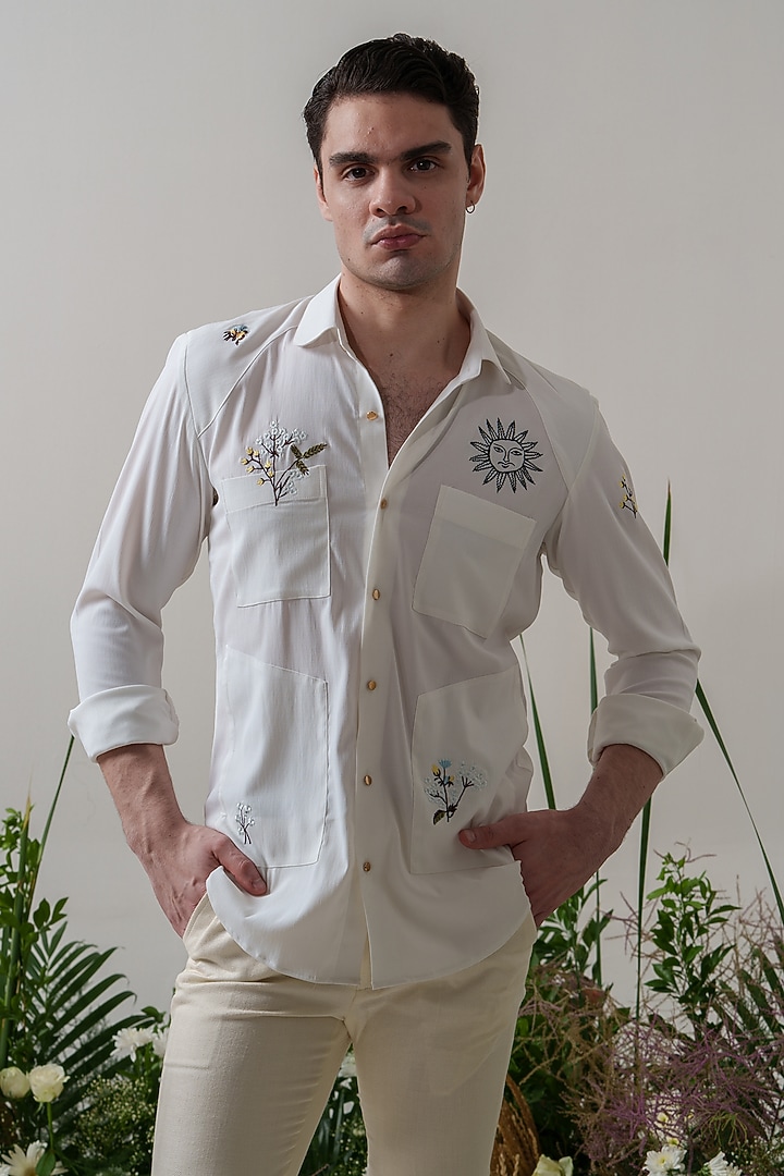 White Cotton Blended Embroidered Party Wear Shirt by Amrit Dawani at Pernia's Pop Up Shop