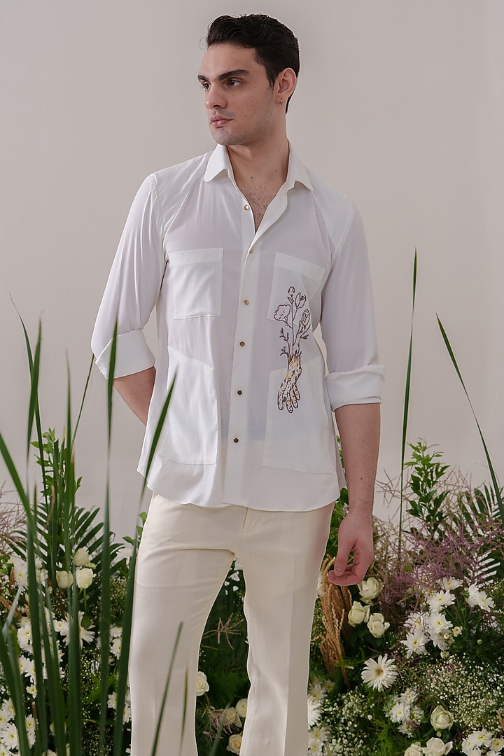 White Cotton Blended Embroidered Party Wear Shirt by Amrit Dawani at Pernia's Pop Up Shop