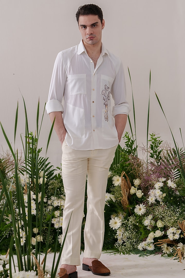White Cotton Blended Embroidered Party Wear Shirt by Amrit Dawani at Pernia's Pop Up Shop