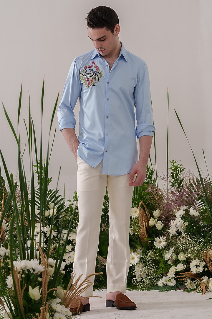 Powder Blue Cotton Embroidered Party Wear Shirt by Amrit Dawani at Pernia's Pop Up Shop