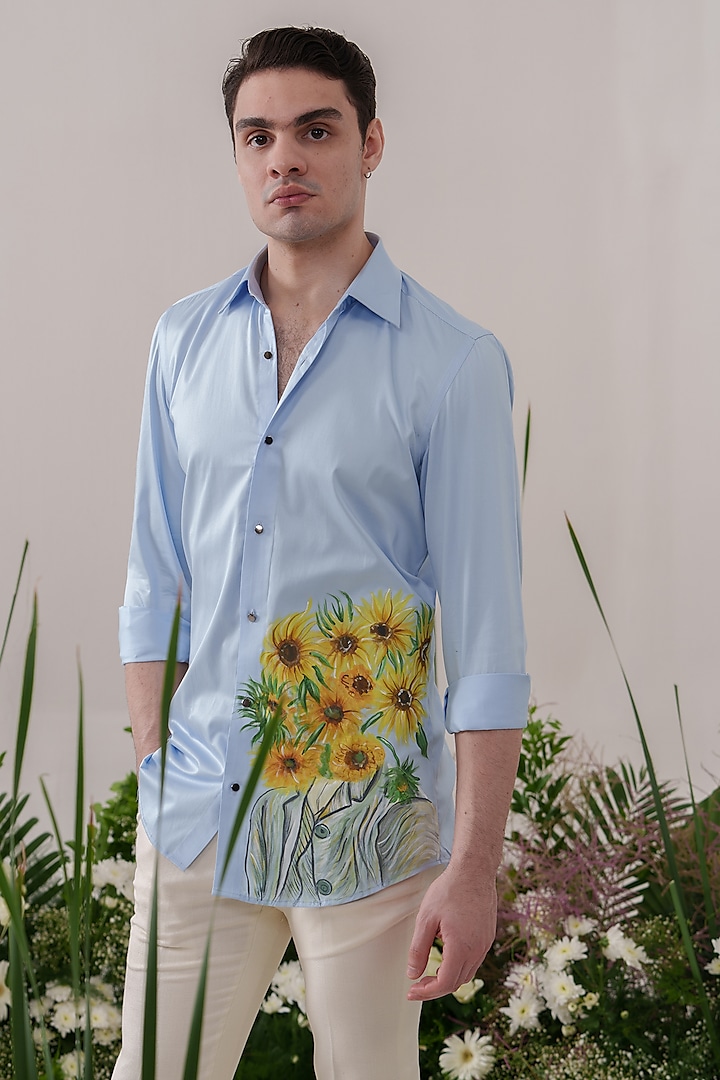 Powder Blue Cotton Hand Painted Shirt by Amrit Dawani