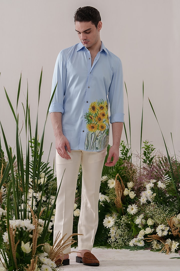 Powder Blue Cotton Hand Painted Party Wear Shirt by Amrit Dawani at Pernia's Pop Up Shop