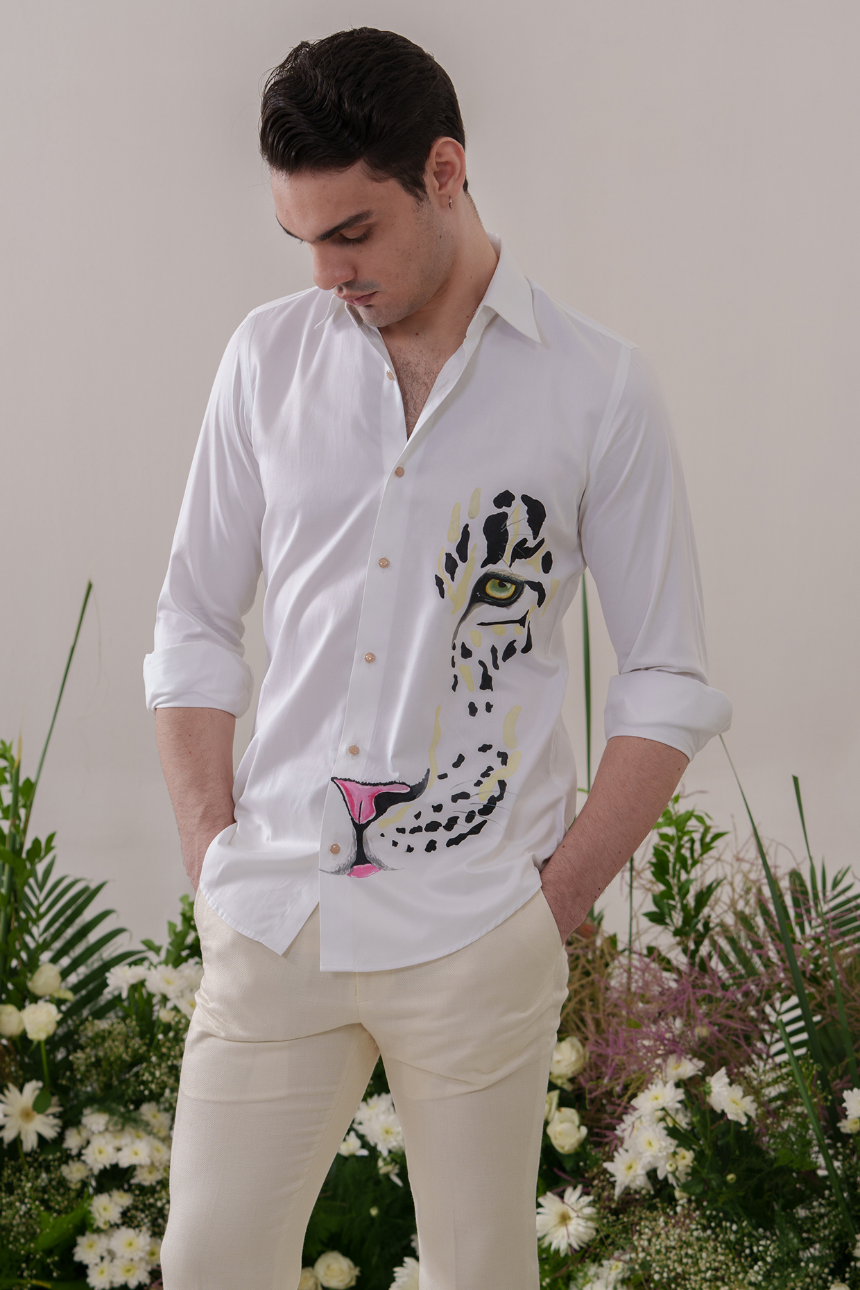 White Cotton Hand Painted Shirt by Amrit Dawani