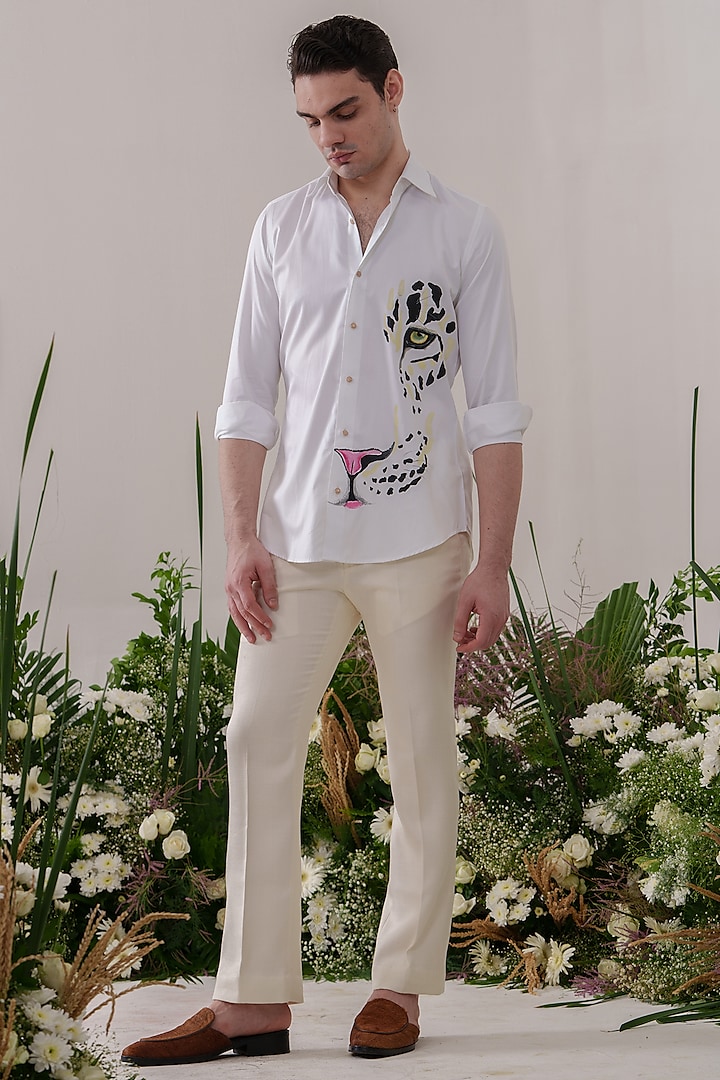 White Cotton Hand Painted Party Wear Shirt by Amrit Dawani at Pernia's Pop Up Shop