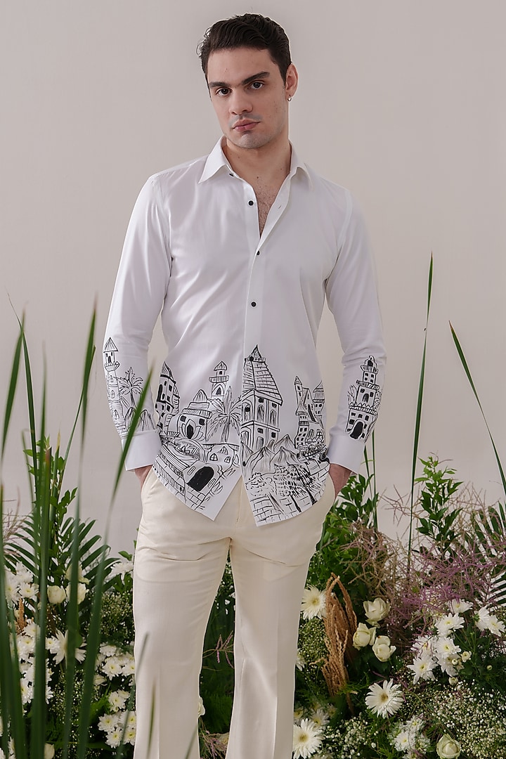 White Cotton Hand Painted Shirt by Amrit Dawani at Pernia's Pop Up Shop