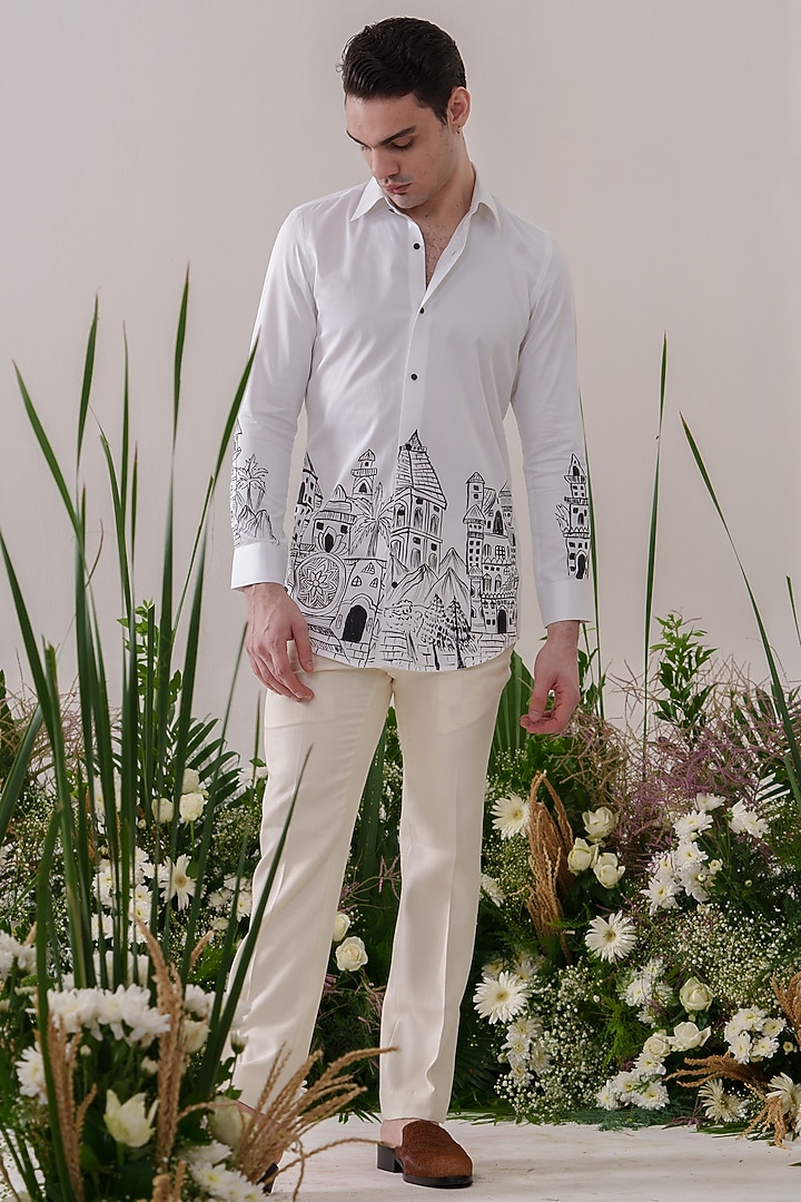 White Cotton Hand Painted Party Wear Shirt by Amrit Dawani at Pernia's Pop Up Shop