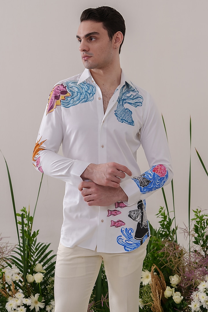 White Cotton Hand Painted Shirt by Amrit Dawani