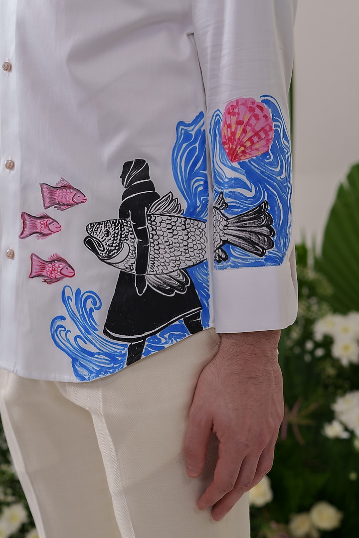 White Cotton Hand Painted Party Wear Shirt by Amrit Dawani at Pernia's Pop Up Shop