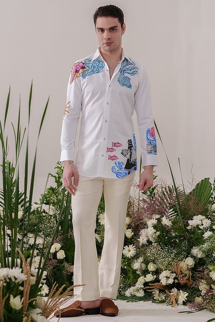 White Cotton Hand Painted Party Wear Shirt by Amrit Dawani at Pernia's Pop Up Shop