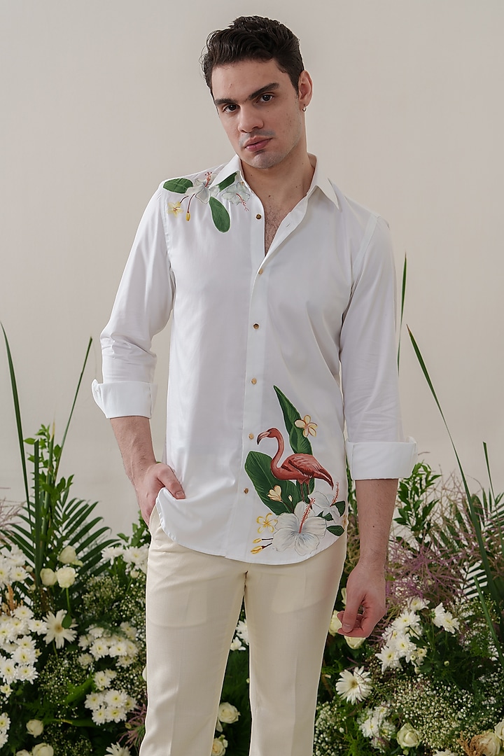 White Cotton Hand Painted Shirt by Amrit Dawani