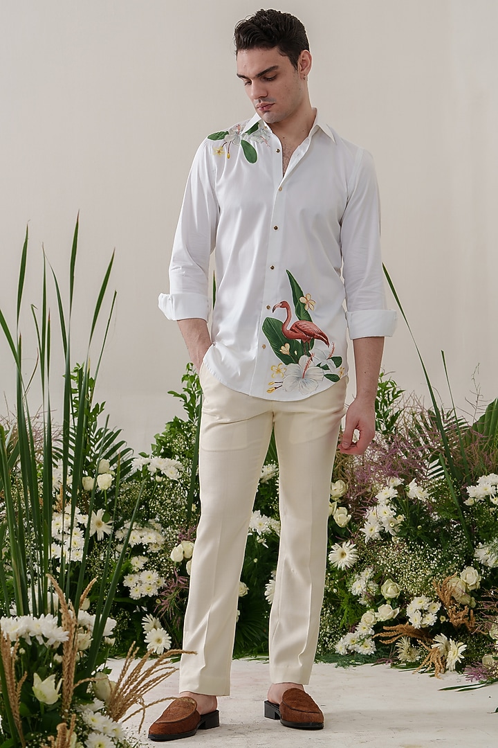 White Cotton Hand Painted Party Wear Shirt by Amrit Dawani at Pernia's Pop Up Shop