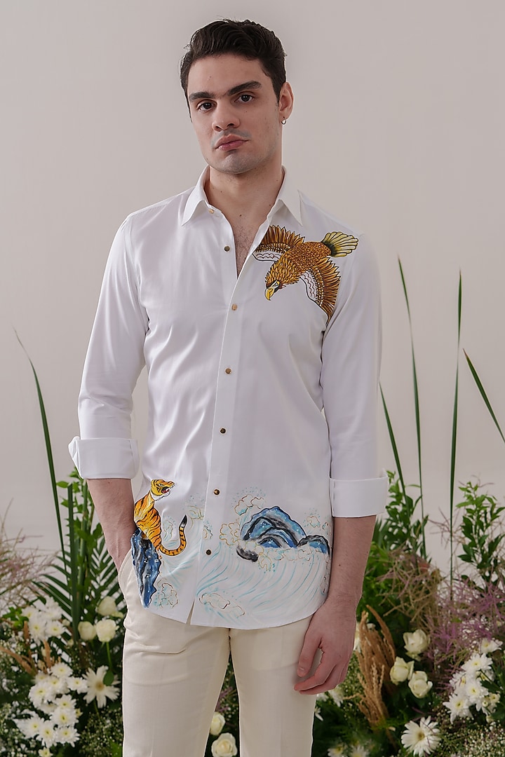 White Cotton Hand Painted Shirt by Amrit Dawani