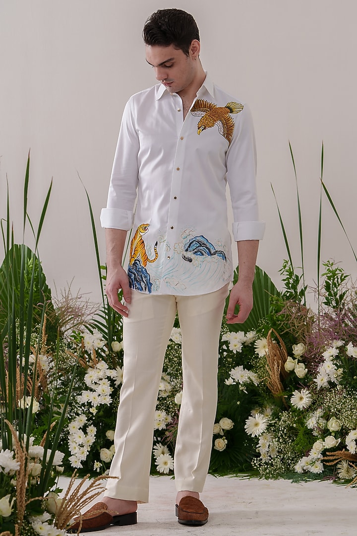 White Cotton Hand Painted Party Wear Shirt by Amrit Dawani at Pernia's Pop Up Shop