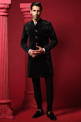Black Velvet 3D Floral Work Indowestern Set by Amrit Dawani