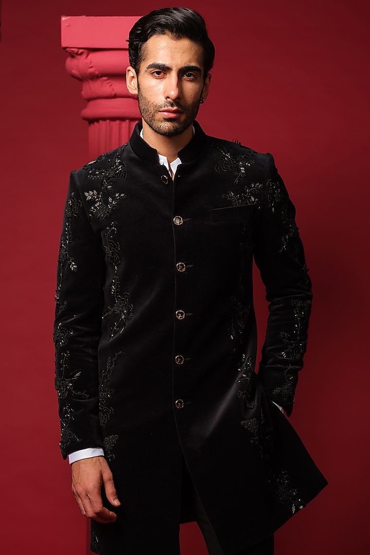 Black Velvet 3D Floral Work Wedding Indowestern Set by Amrit Dawani at Pernia's Pop Up Shop