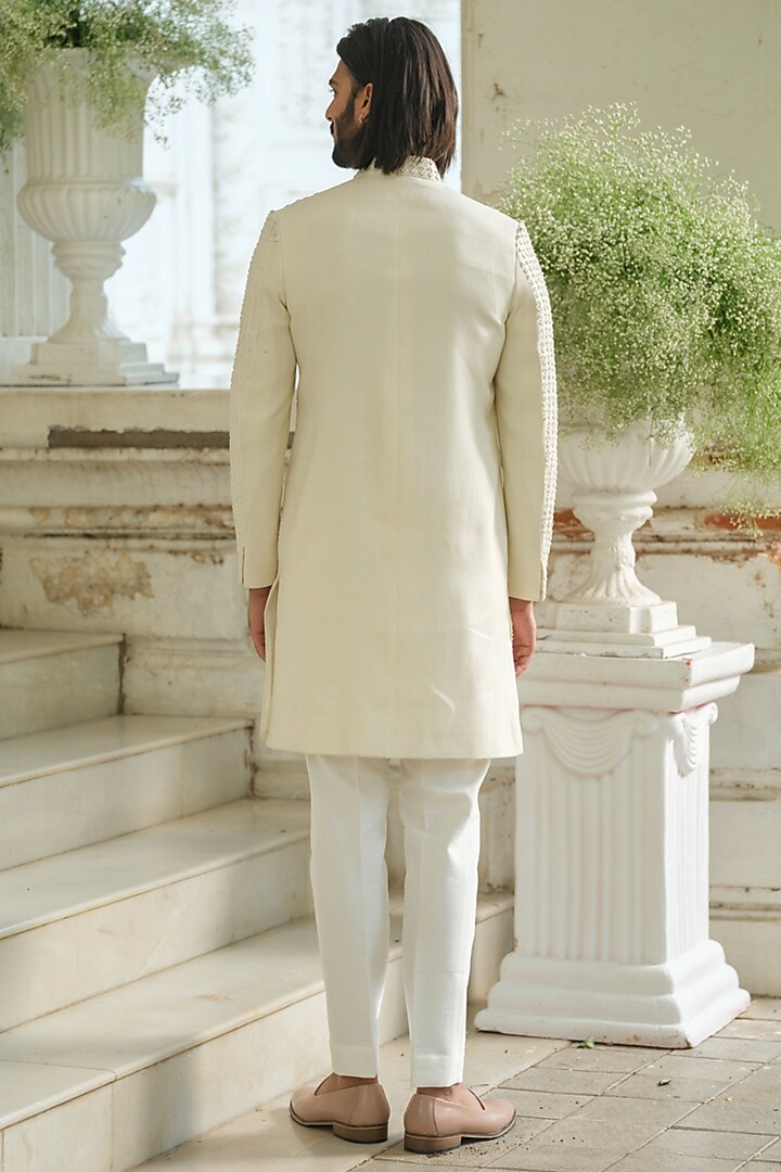 Ivory Silk Bead Hand Embroidered Groom Sherwani Set by Amrit Dawani at Pernia's Pop Up Shop