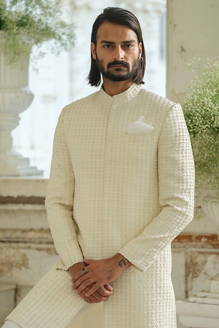 Ivory Silk Bead Hand Embroidered Groom Sherwani Set by Amrit Dawani at Pernia's Pop Up Shop