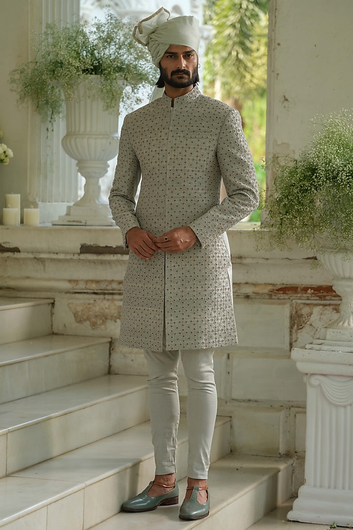 Olive Green Raw Silk Beads Embroidered Sherwani Set by Amrit Dawani