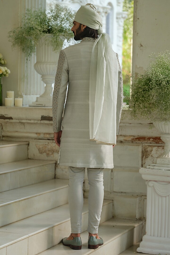 Olive Green Raw Silk Beads Embroidered Groom Sherwani Set by Amrit Dawani at Pernia's Pop Up Shop