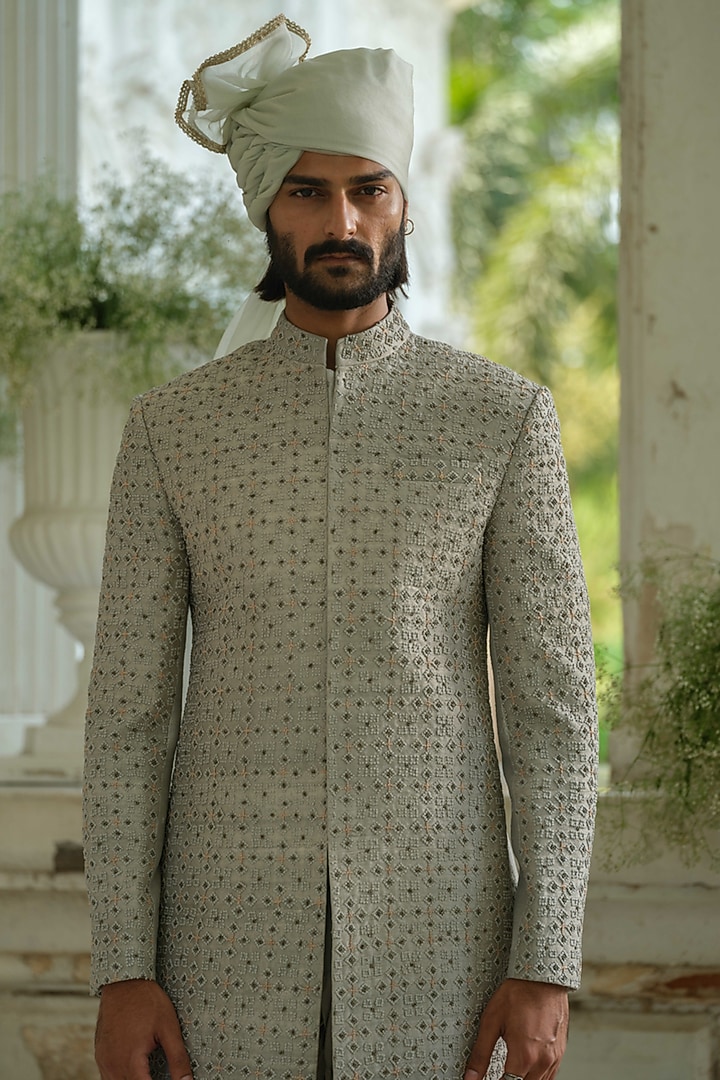 Olive Green Raw Silk Beads Embroidered Groom Sherwani Set by Amrit Dawani at Pernia's Pop Up Shop